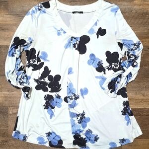 748 Lotus mile Womens Sz L Blue And Black Floral Blouse Top 3/4 Roll Tab Slvs